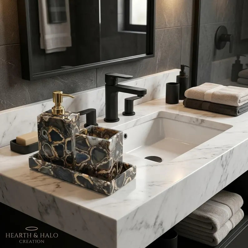 Handcrafted Brazilian Black Agate 3-Piece Bathroom Accessories Set – Luxury Natural Stone Bathroom Decor