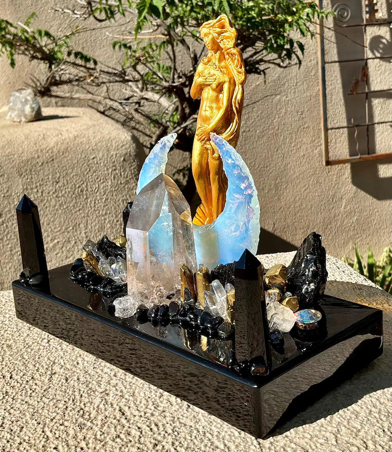 Fantastisk håndlaget Black Obsidian, Opaline, Smoke QUARTZ CRYSTAL Lysdekorasjon - " GOLDEN GODDESS OF ABUNDANCE AND PROTECTION “