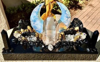 Fantastisk håndlaget Black Obsidian, Opaline, Smoke QUARTZ CRYSTAL Lysdekorasjon - " GOLDEN GODDESS OF ABUNDANCE AND PROTECTION “