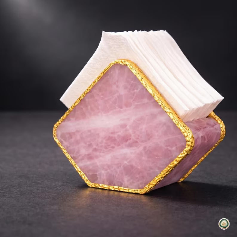 Rose Quartz Napkin Holder – Handmade Agate Napkin Dispenser for Kitchen & Dining Table, Bathroom Décor & Modern Home Organizer