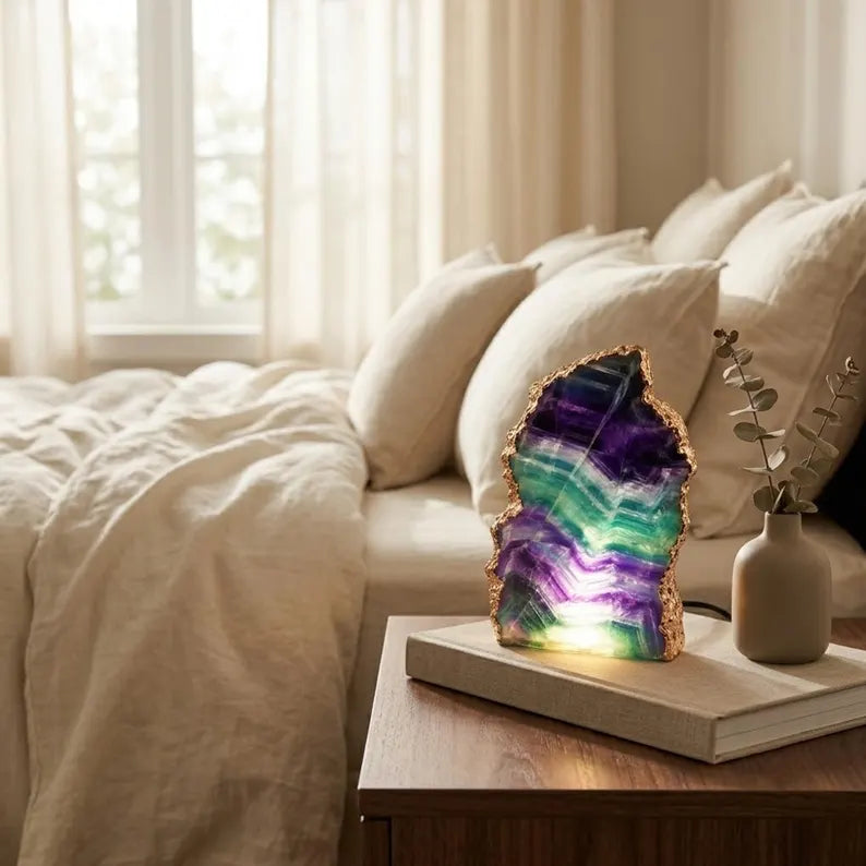 Fluorite Rainbow Ledlamp | Gold Electroplated, Crystal Night Light | Luxury Home Décor