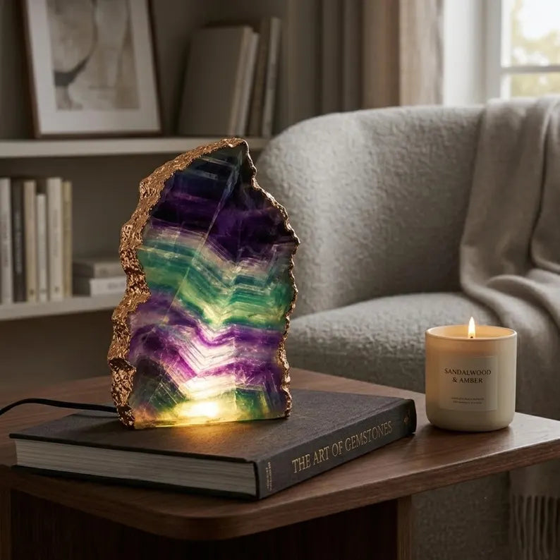 Fluorite Rainbow Ledlamp | Gold Electroplated, Crystal Night Light | Luxury Home Décor