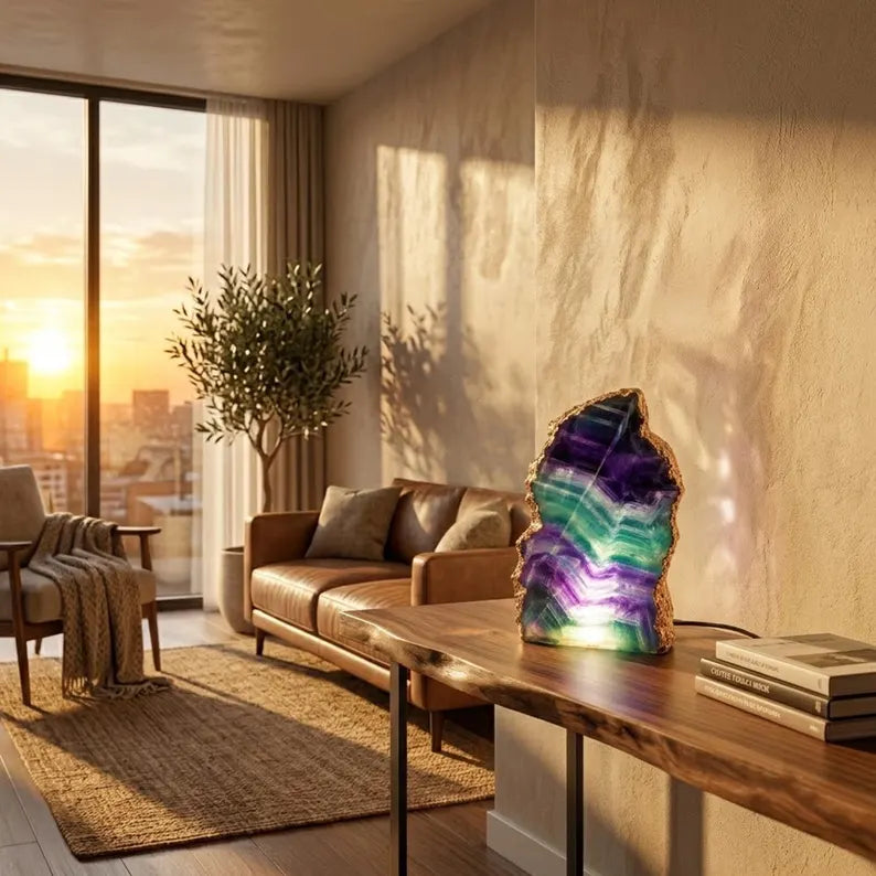Fluorite Rainbow Ledlamp | Gold Electroplated, Crystal Night Light | Luxury Home Décor