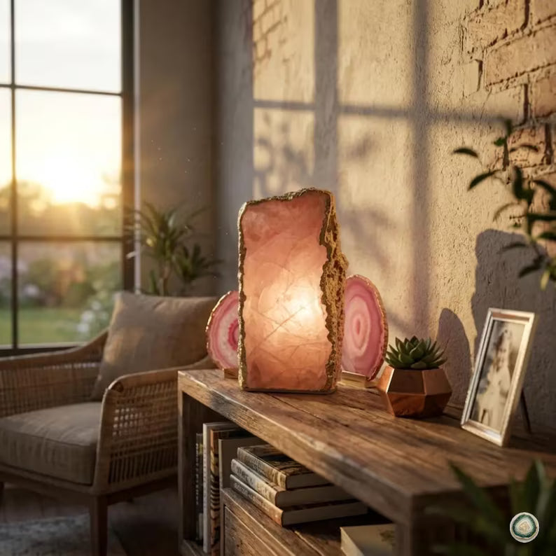 Rose Quartz Ledlamp | Gold Electroplated, Crystal Night Light | Luxury Home Décor