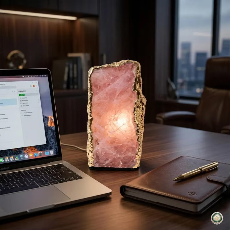 Rose Quartz Ledlamp | Gold Electroplated, Crystal Night Light | Luxury Home Décor