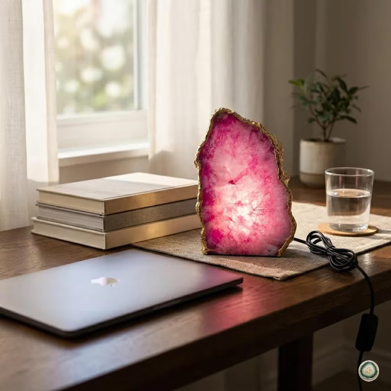 Pink Agate Lamp | Gold Edge Crystal Night Light | Luxury Home Décor