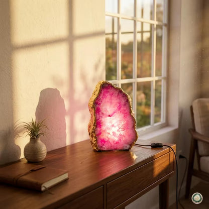 Pink Agate Lamp | Gold Edge Crystal Night Light | Luxury Home Décor