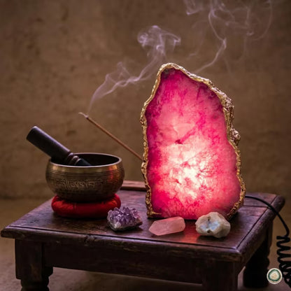 Pink Agate Lamp | Gold Edge Crystal Night Light | Luxury Home Décor