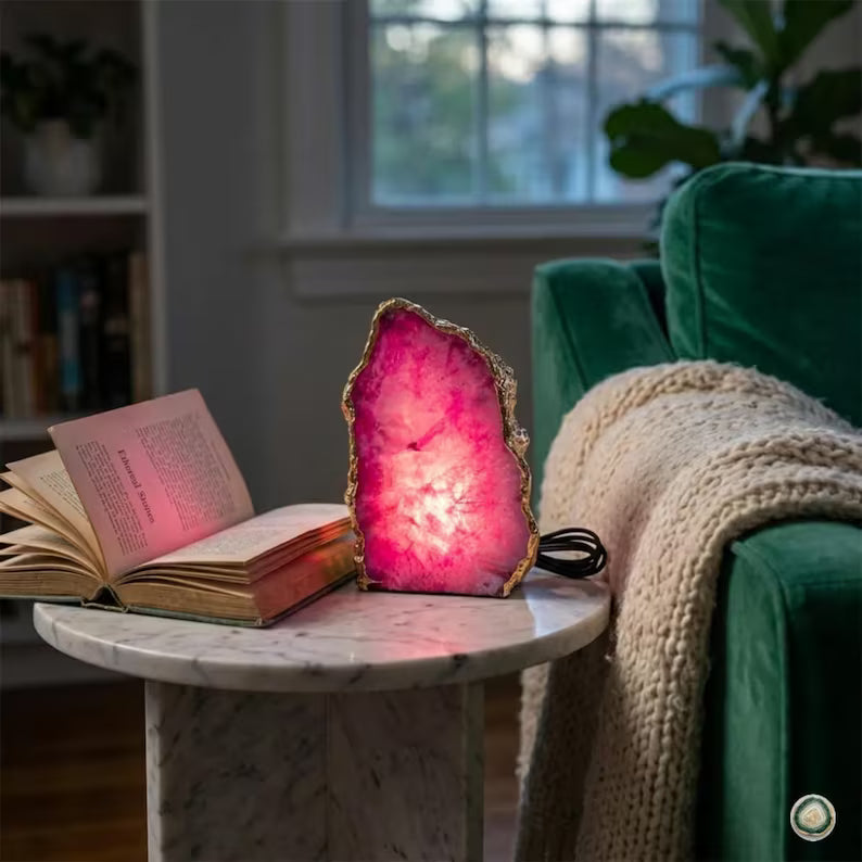 Pink Agate Lamp | Gold Edge Crystal Night Light | Luxury Home Décor