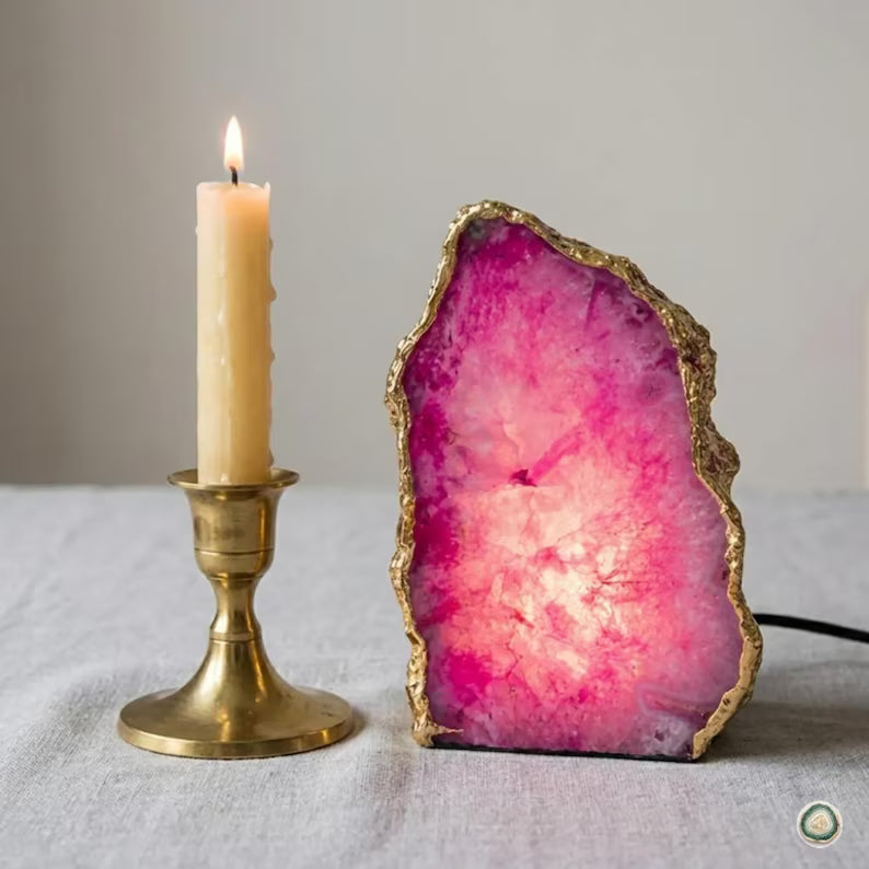 Pink Agate Lamp | Gold Edge Crystal Night Light | Luxury Home Décor