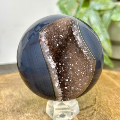Banded Agate &amp; Druzy Sphere Geode with Crystal Formation - SPH0226, 80mm