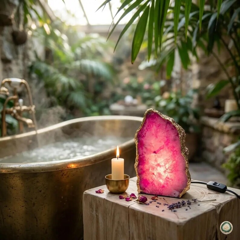 Pink Agate Lamp | Gold Edge Crystal Night Light | Luxury Home Décor