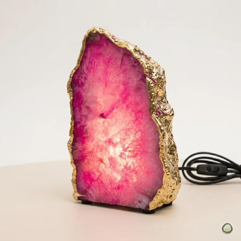 Pink Agate Lamp | Gold Edge Crystal Night Light | Luxury Home Décor