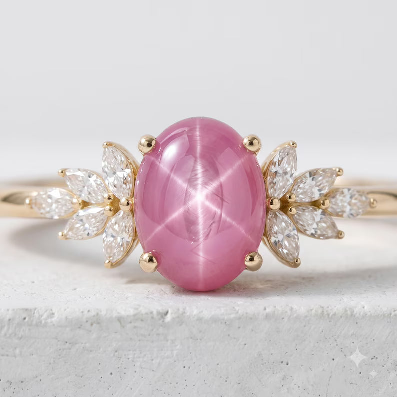 Ny og vakker Art Deco ( 14k Gold over Sterling Silver) Marquise Sapphire Cluster Ring with Oval Star RUBY ( Lab Created )