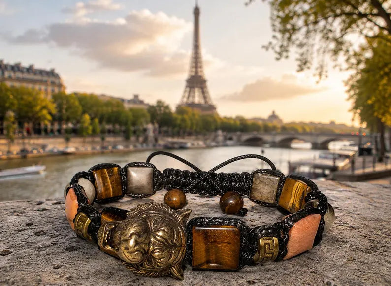 New 2026 Design / Handmade Trendy og Exclusivt Shambhala Armbånd, " Tiger Talisman " Bracelet – Tiger’s Eye, Sunstone, Citrine &amp; Pyrite, Abundance - Protection - Joy - Strength