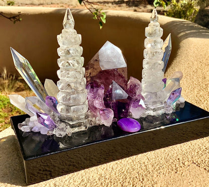 Fantastisk håndlaget ILLUMINATION QUARTZ Lampedekorasjon med Phantom Ametyst, Ametyst Tower, Klar Kvarts, Wenchang Quartz Towers mm