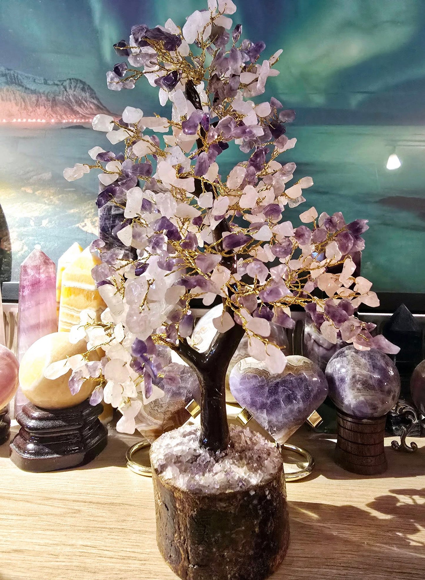 KAMPANJE / håndlaget Indisk 500 Chips Bonsai Trær 25 - 30cm med Ametyst & Rose Quartz