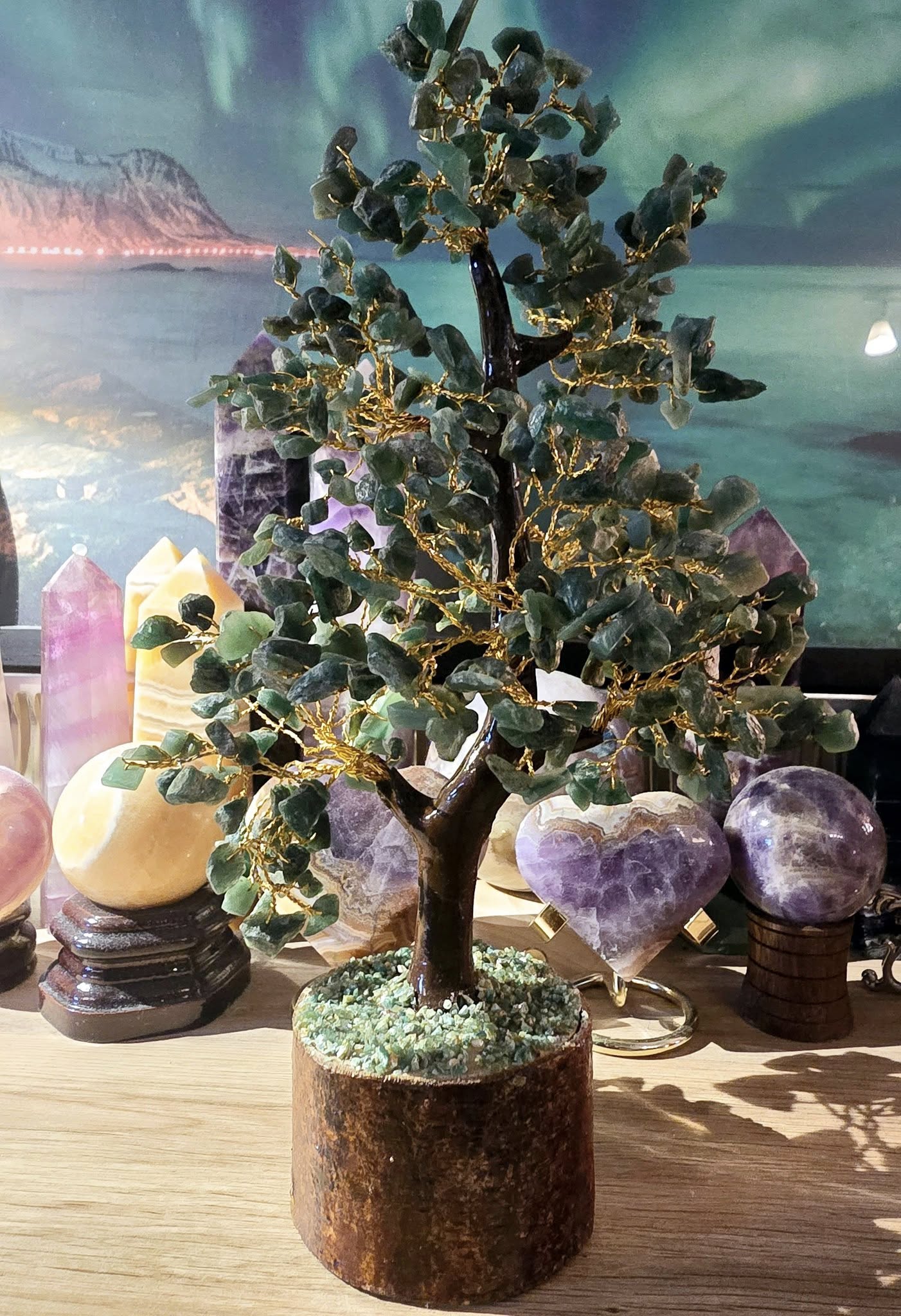 KAMPANJE / håndlaget Indisk 500 Chips Bonsai Lykketre 25 - 30cm med Green Quartz ( Aventurine ) Chips stener