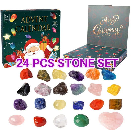 Årets Julekalender & Julegave - 24 tromlede & råstener inkl. Rose Quartz Hjertesten