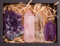 Krystallsett med 3 TÅrnkrystaller ( Ametyst, Klar Kvarts og Rosenkvarts ) og Ametyst Cluster.
