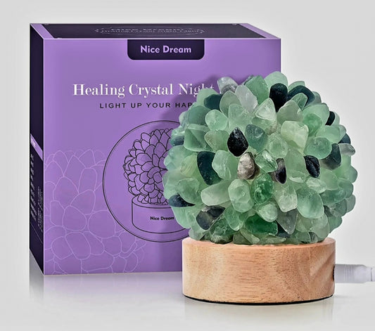 Nyhet / Stor og flott hÅndlaget Rainbow Fluorite Crystal Lamp m/trebase og usb, 10x12cm