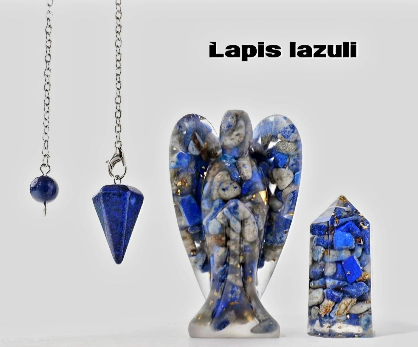 Nye 3 pcs Krystallsett ( Pendel, Engel , Tårnkrystall ) , Resin & Blue Lapis Lazuli