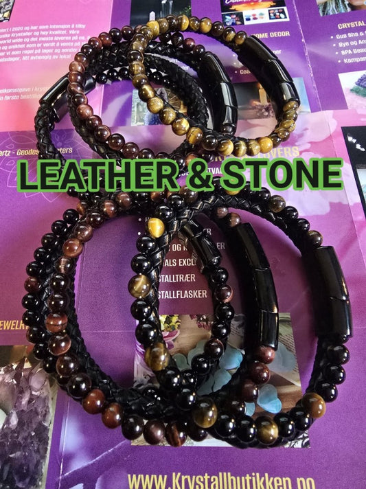 Nye Leather & Stone Armbånd med Tigerøye og sort Agat. Leveres i 8 Design ( Stenkombinasjoner )