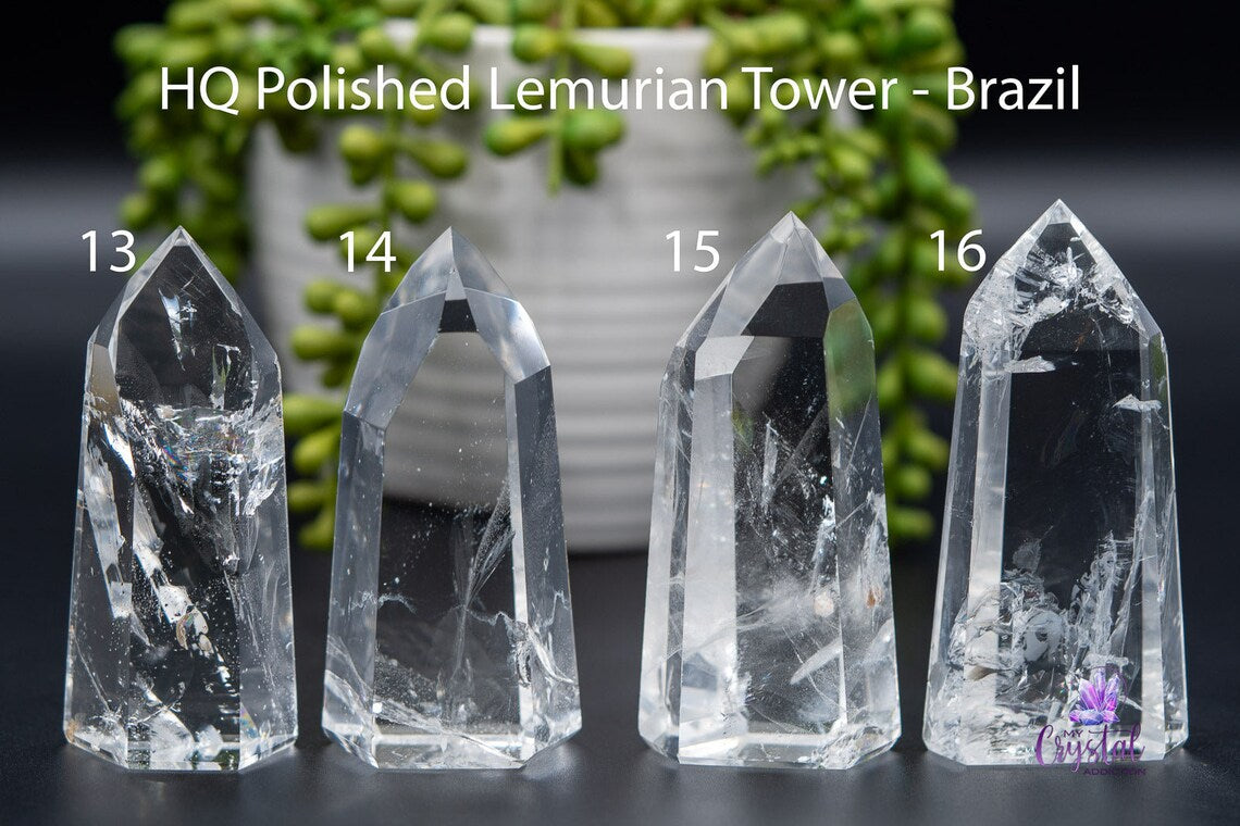High quality polished Brazilian Lemurian Quartz Towers with many rainbows, 90 - 95mm