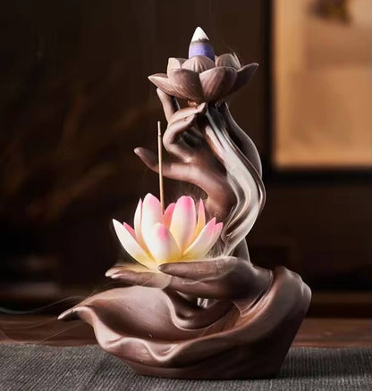 BUDDHA'S Hand Zen Heart - LED Light Circle Backflow Incence Burner w/ wood stand, 36x30x12cm