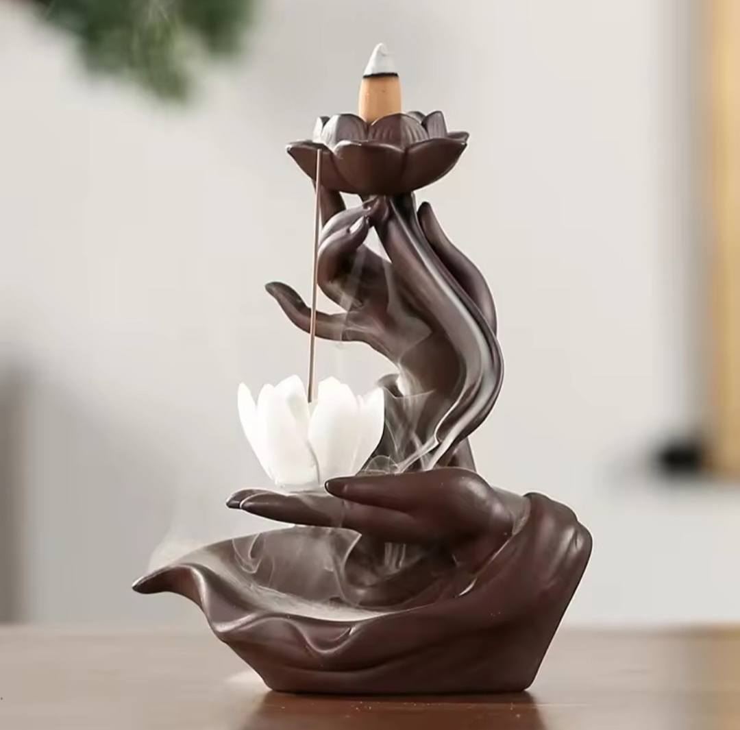 BUDDHA'S Hand Zen Heart - LED Light Circle Backflow Incence Burner w/ wood stand, 36x30x12cm