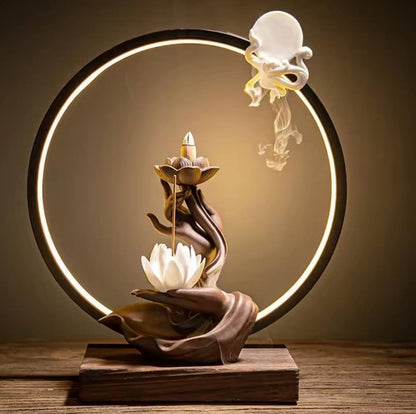 BUDDHA'S Hand Zen Heart - LED Light Circle Backflow Incence Burner w/ wood stand, 36x30x12cm