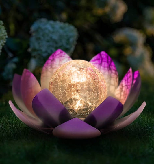 PURPLE LOTUS SOLAR LED LAMP /Crackle Globe Glass Waterproof LED, 25x25cm