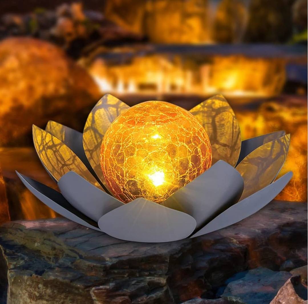 ORANGE LOTUS SOLAR LED LAMP /Crackle Globe Glass Waterproof LED, 25x25cm