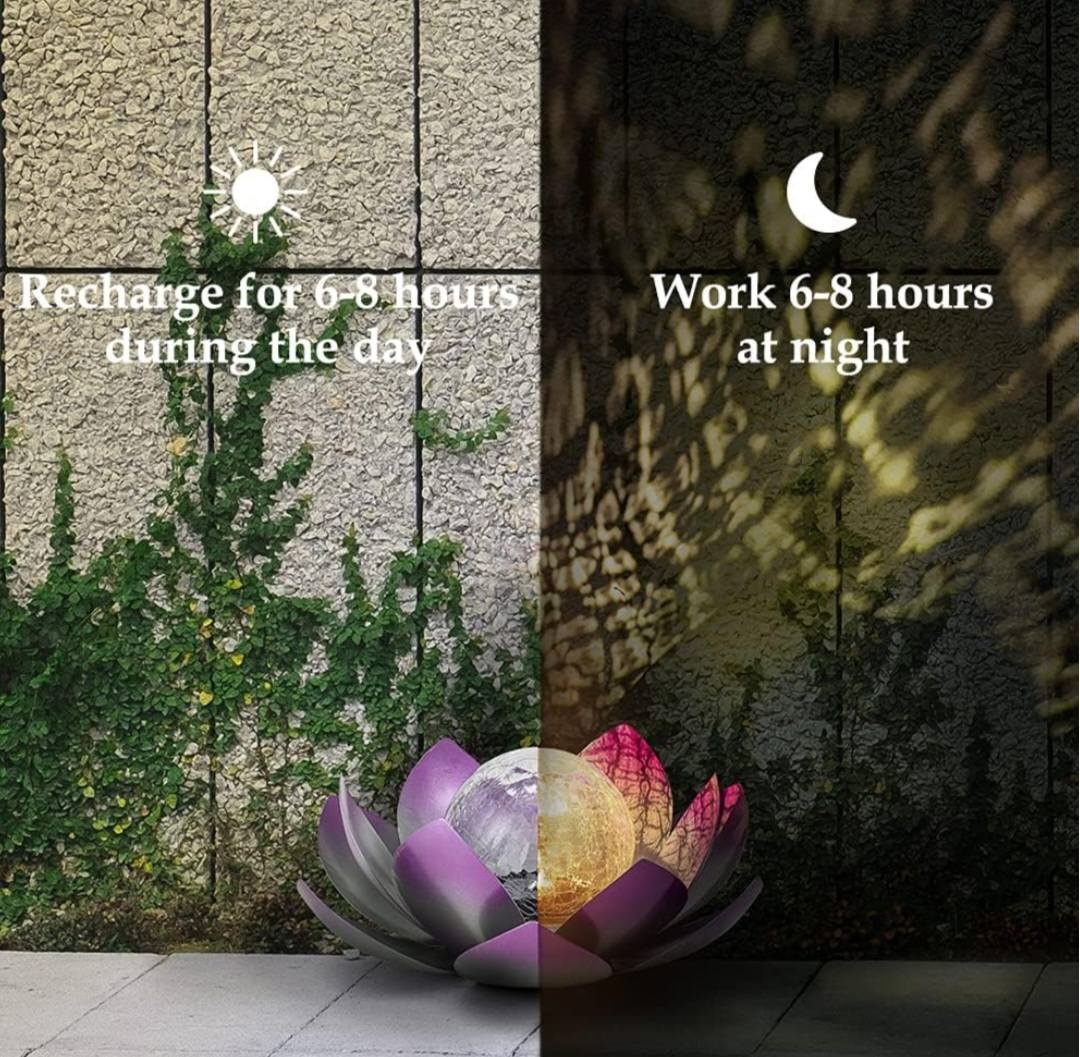 PURPLE LOTUS SOLAR LED LAMP /Crackle Globe Glass Waterproof LED, 25x25cm