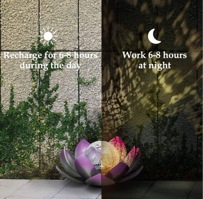 PURPLE LOTUS SOLAR LED LAMP /Crackle Globe Glass Waterproof LED, 25x25cm