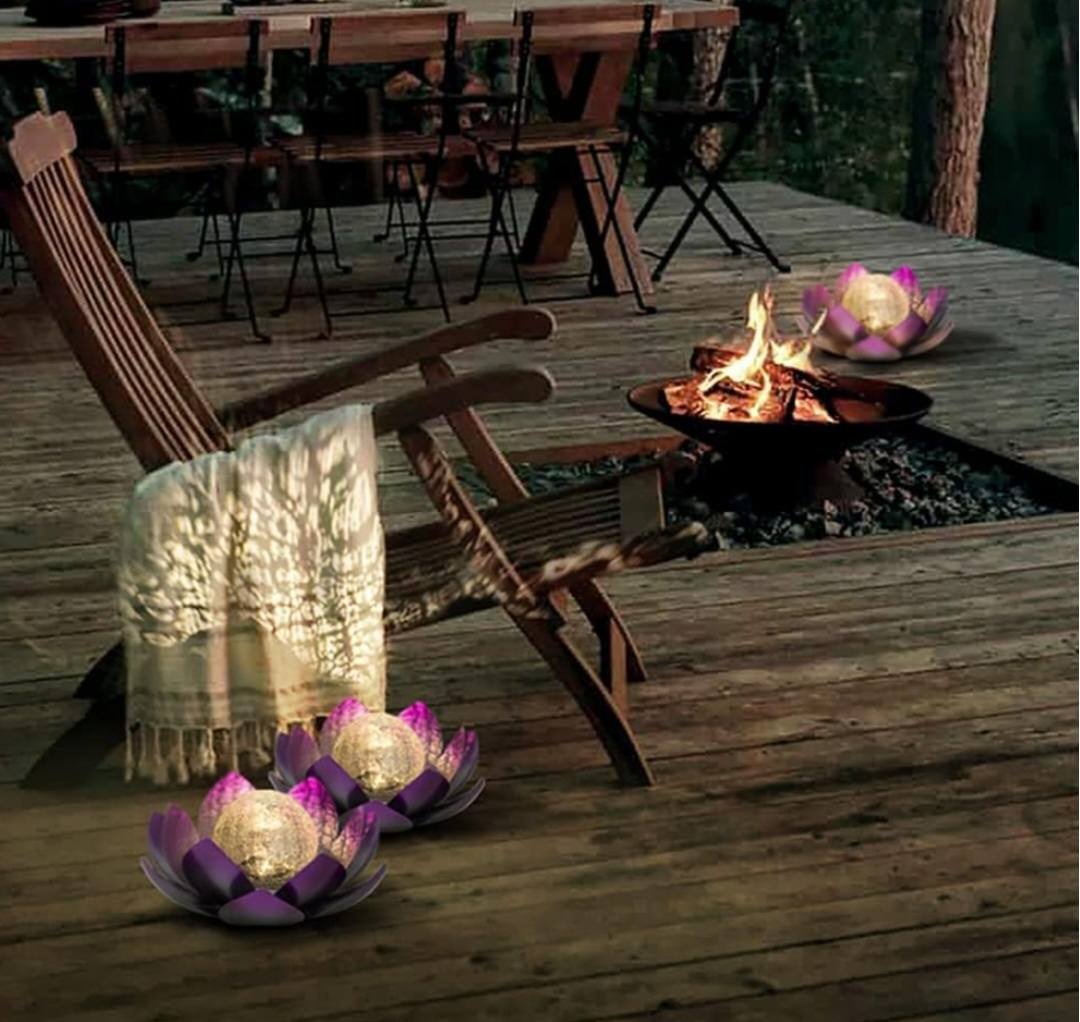 PURPLE LOTUS SOLAR LED LAMP /Crackle Globe Glass Waterproof LED, 25x25cm