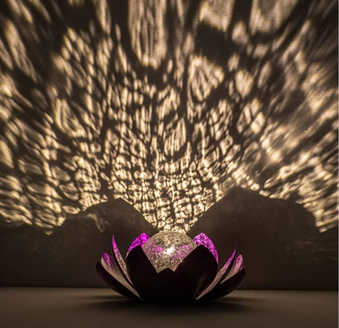 PURPLE LOTUS SOLAR LED LAMP /Crackle Globe Glass Waterproof LED, 25x25cm