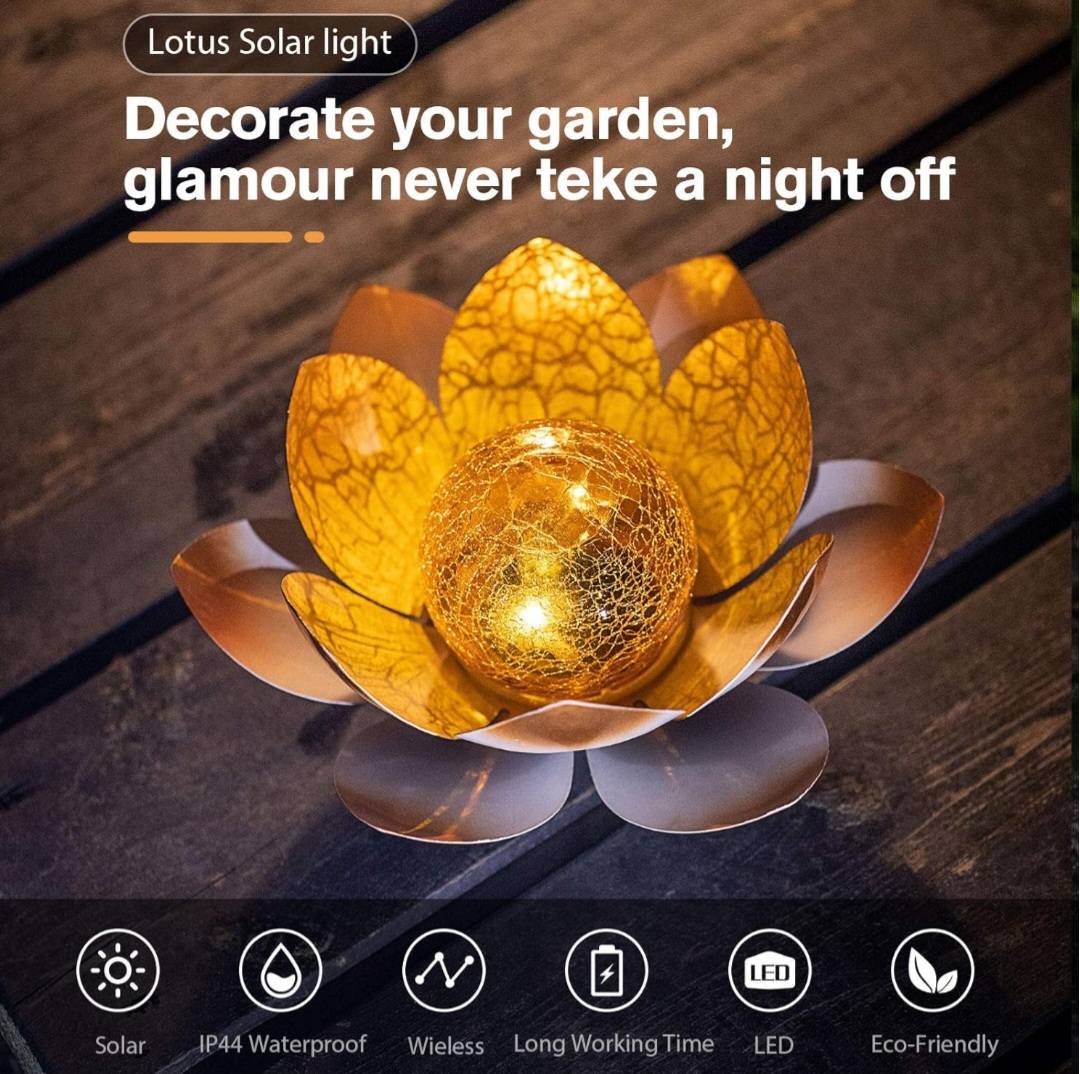 ORANGE LOTUS SOLAR LED LAMP /Crackle Globe Glass Waterproof LED, 25x25cm