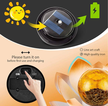 ORANGE LOTUS SOLAR LED LAMP /Crackle Globe Glass Waterproof LED, 25x25cm