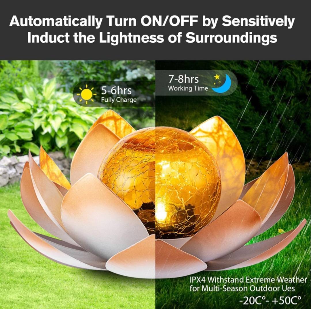 ORANGE LOTUS SOLAR LED LAMP /Crackle Globe Glass Waterproof LED, 25x25cm
