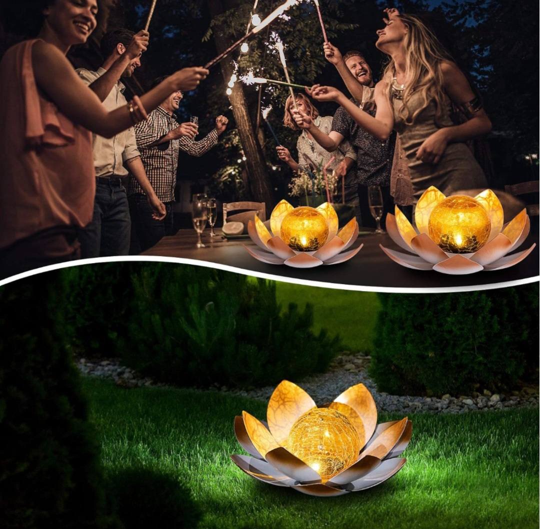 ORANGE LOTUS SOLAR LED LAMP /Crackle Globe Glass Waterproof LED, 25x25cm