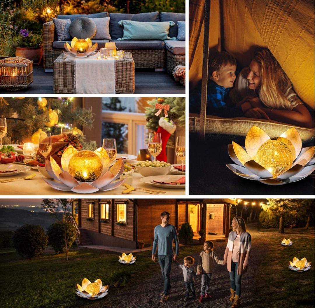 ORANGE LOTUS SOLAR LED LAMP /Crackle Globe Glass Waterproof LED, 25x25cm