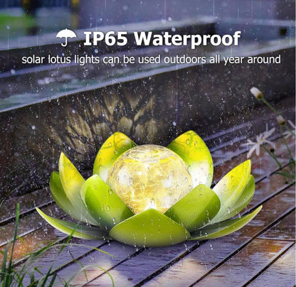 GREEN LOTUS SOLAR LED LAMP / Crackle Globe Glass Waterproof LED, 25x25cm