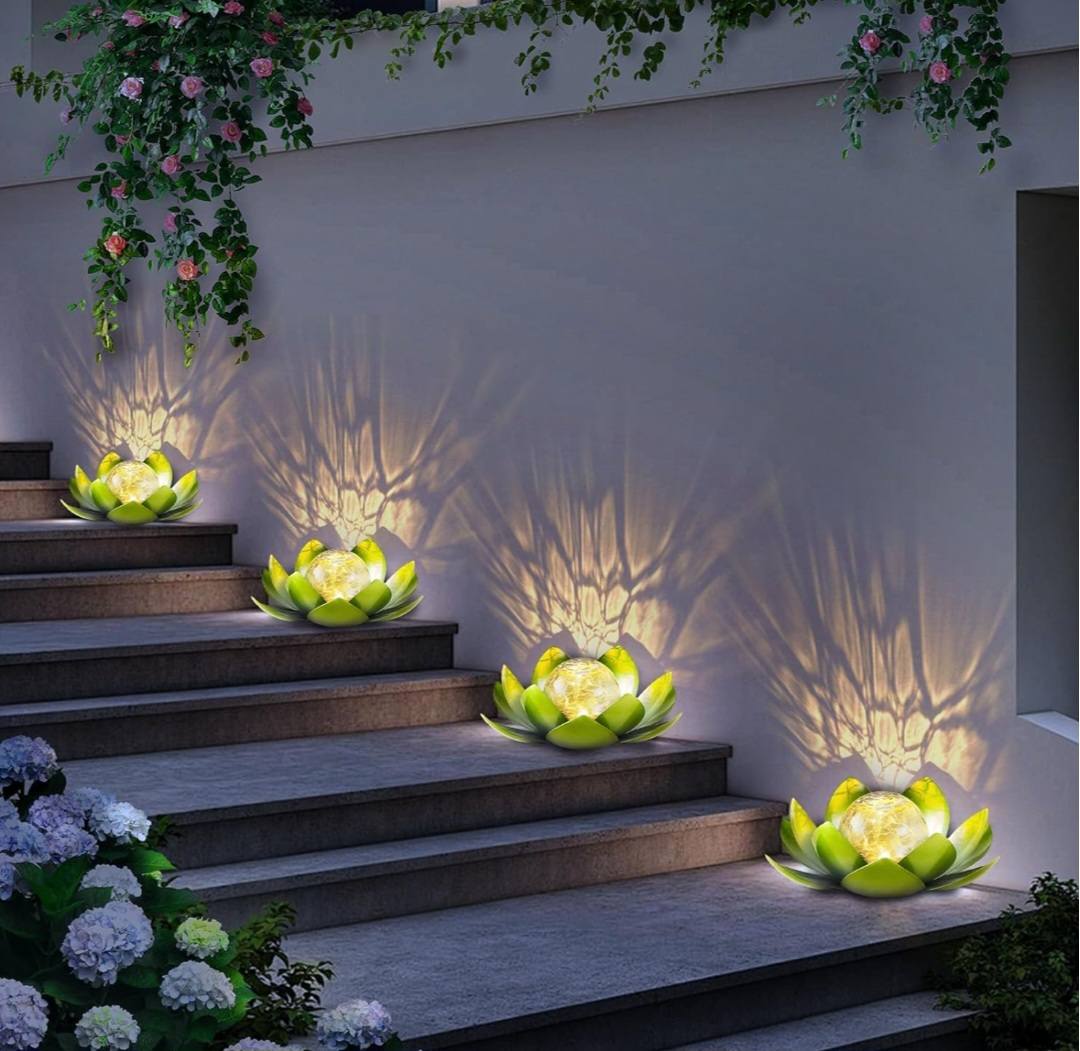 GREEN LOTUS SOLAR LED LAMP / Crackle Globe Glass Waterproof LED, 25x25cm