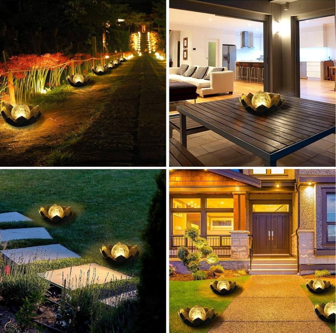BLACK & WHITE LOTUS SOLAR LED LAMP /Crackle Globe Glass Waterproof LED, 25x25cm