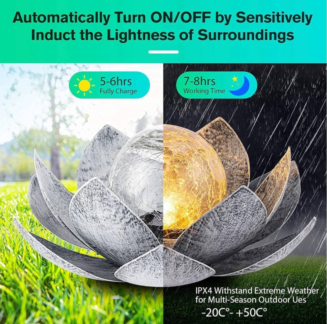 BLACK & WHITE LOTUS SOLAR LED LAMP /Crackle Globe Glass Waterproof LED, 25x25cm