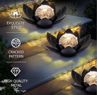 BLACK LOTUS SOLAR LED LAMP / Crackle Globe Glass Waterproof LED, 25x25cm