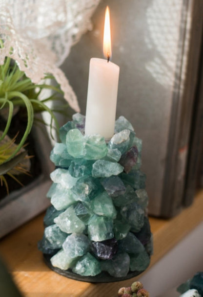 Vakker hÅndlaget RÅ Fluorite Lysestake, ca. 13cm høye