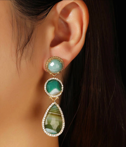 Nye MICCI DESIGN natural Green AGATE Long Drop Øredobber, 58x17mm 24KGold Electroplated