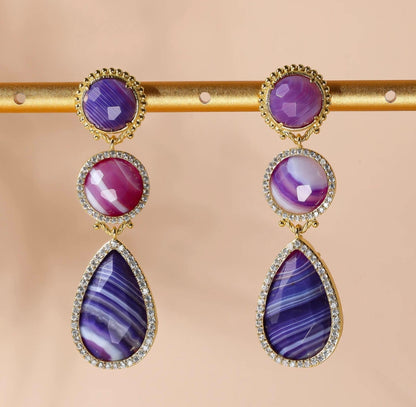 Nye MICCI DESIGN natural Purple AGATE Long Drop Øredobber, 58x17mm 24KGold Electroplated